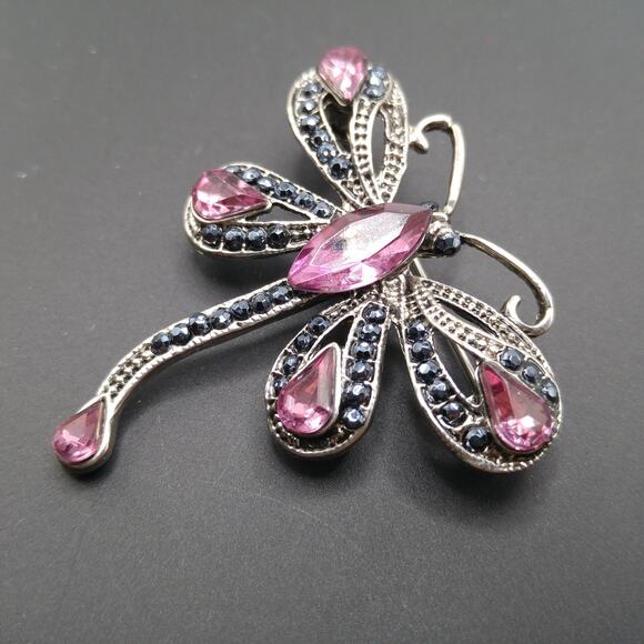 Dragonfly Pink Rhinestone Brooch, Gray Metallic Rhinestones, 1990s Vintage - Picture 10 of 10